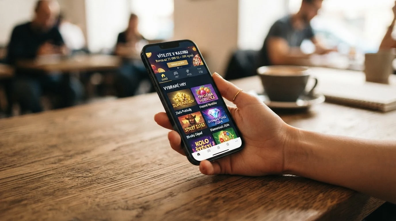 Dlaň s telefonem, na displeji casino otevřené v prohlížeči, vedle ikona mobilní aplikace.