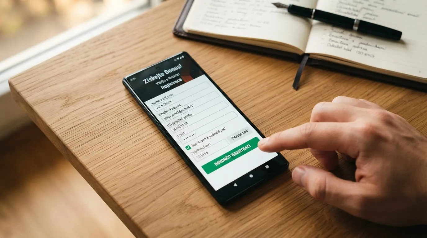 Ruka vyplňující registrační formulář na mobilu, v pozadí loga českých licencovaných casin.