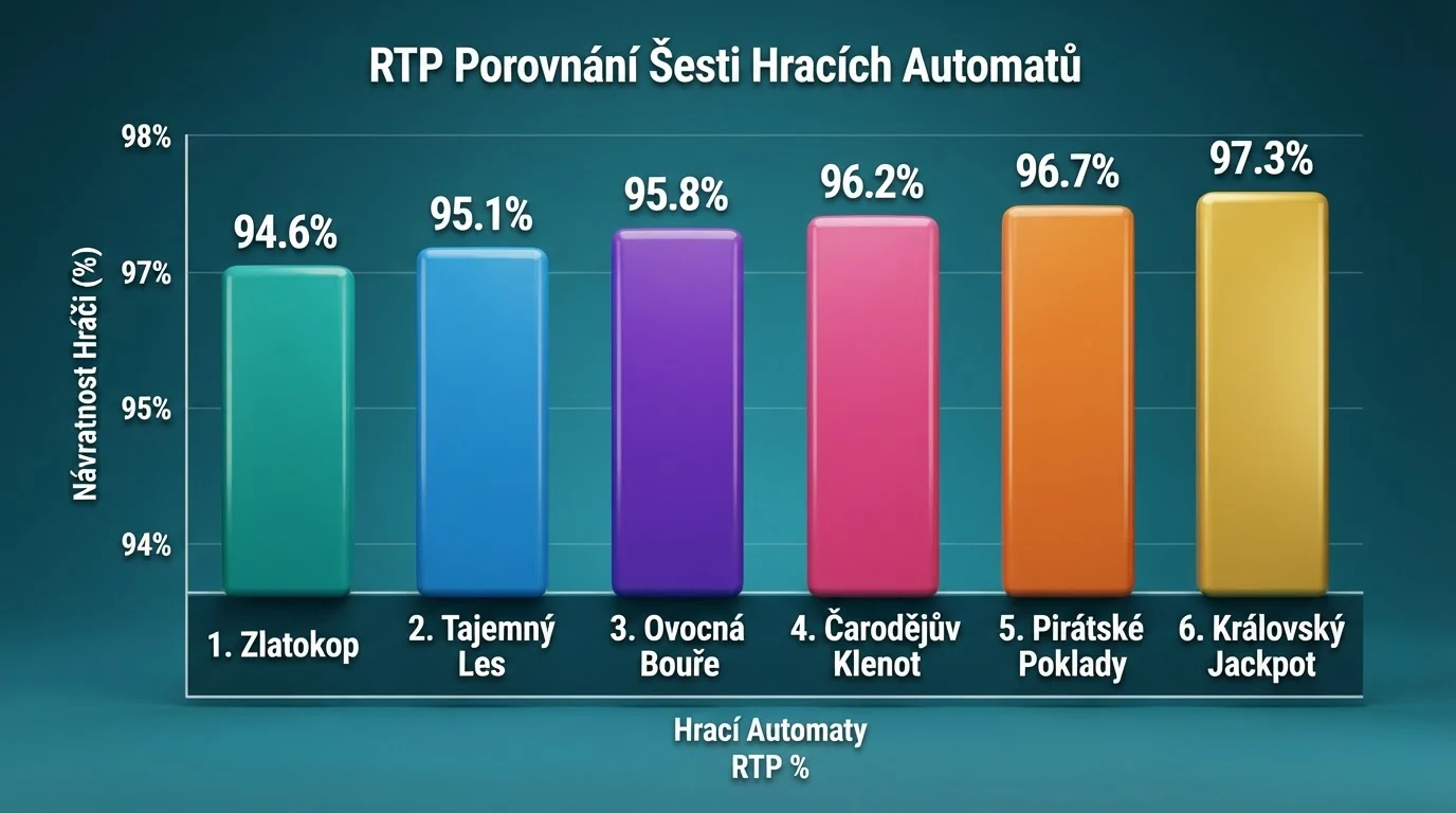 Srovnání šesti automatů s ověřeným RTP — sloupcový graf od 85 % po 98 %