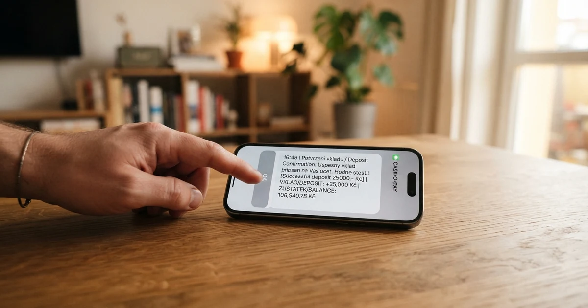 Mobilní telefon zobrazující potvrzovací SMS zprávu o vkladu do online casina na displeji, vedle něj leží česká platební karta