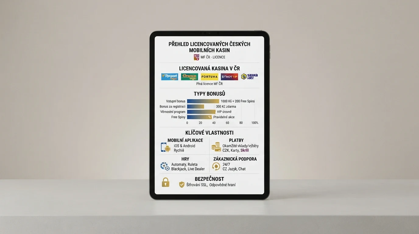 Srovnávací tabulka deseti mobilních casin s názvy, bonusy a kolonkou licence.