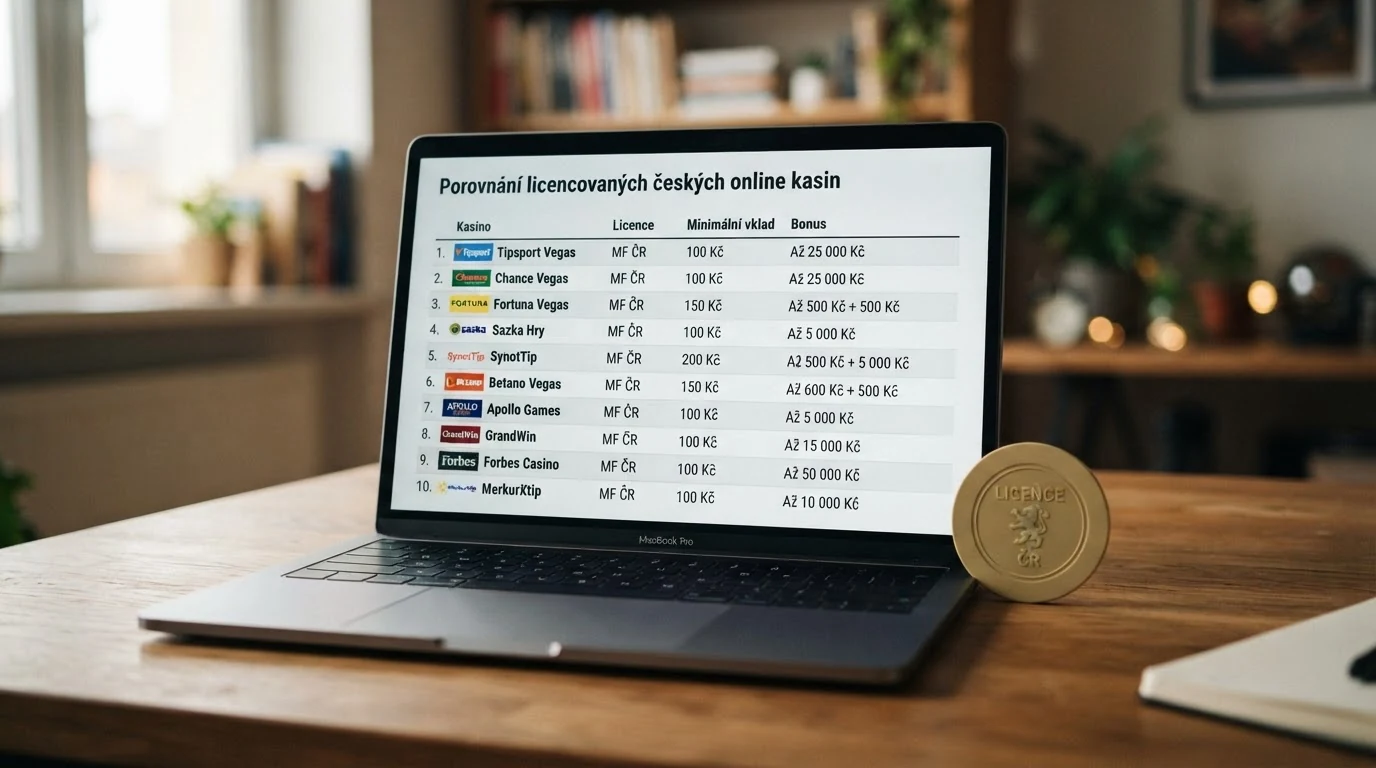 Srovnávací tabulka deseti online casin se sloupci licence, minimální vklad a bonus