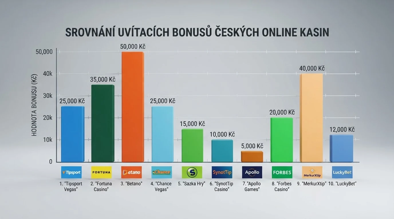 Infografika s řádky deseti kasin a sloupci pro licenci, bonus a volné spiny