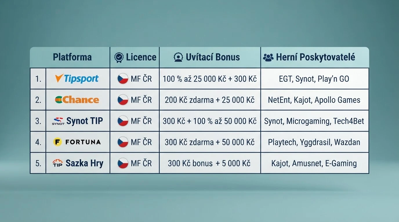 Srovnávací tabulka s řádky kasin a sloupci licence, bonus a poskytovatelé her.