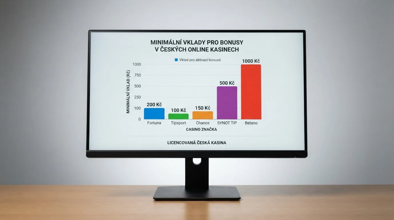 Srovnávací tabulka na monitoru s logy deseti českých licencovaných kasin a zvýrazněnými sloupci minimálního vkladu a bonusových podmínek