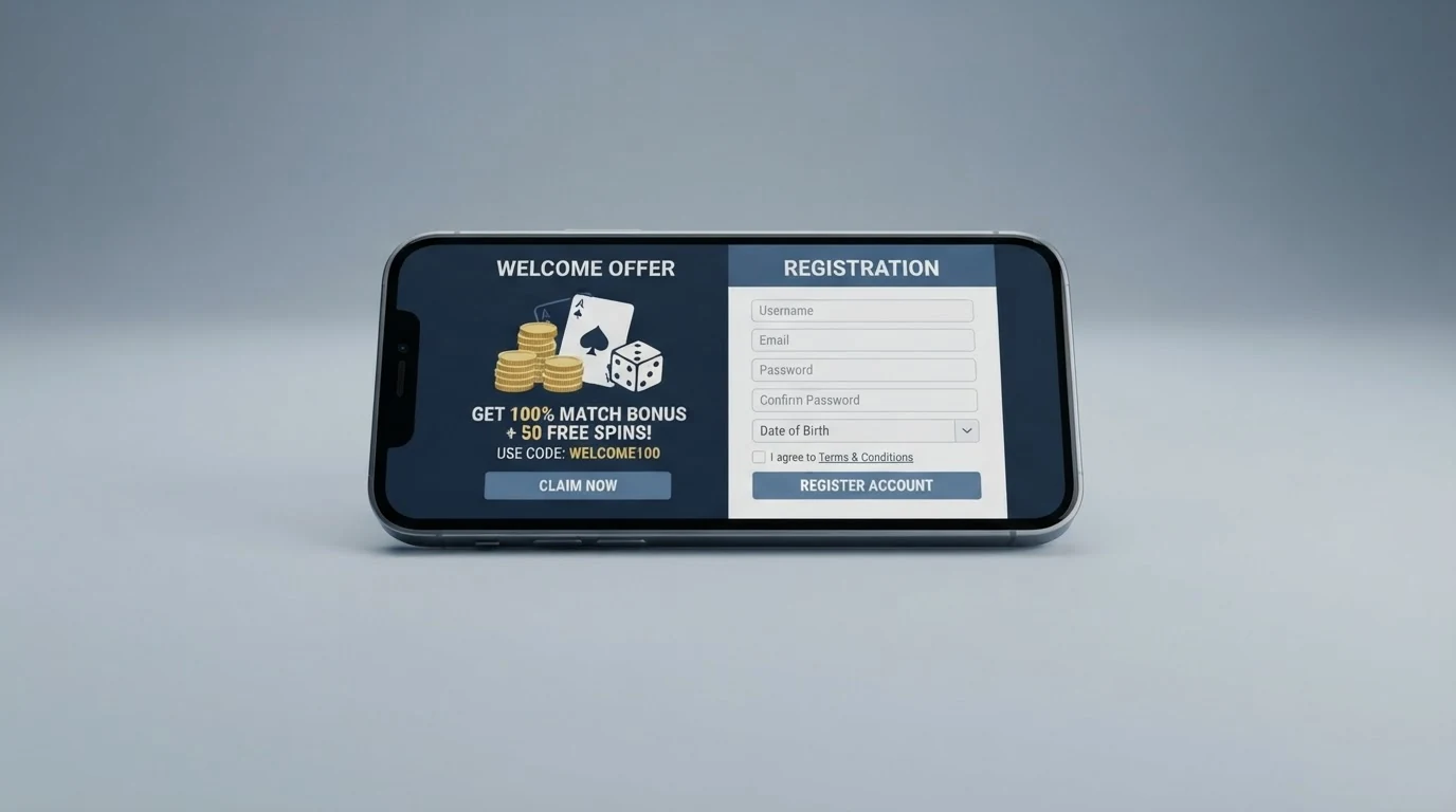 Mobilní telefon zobrazující vedle sebe uvítací bonus a registrační formulář českého online kasina