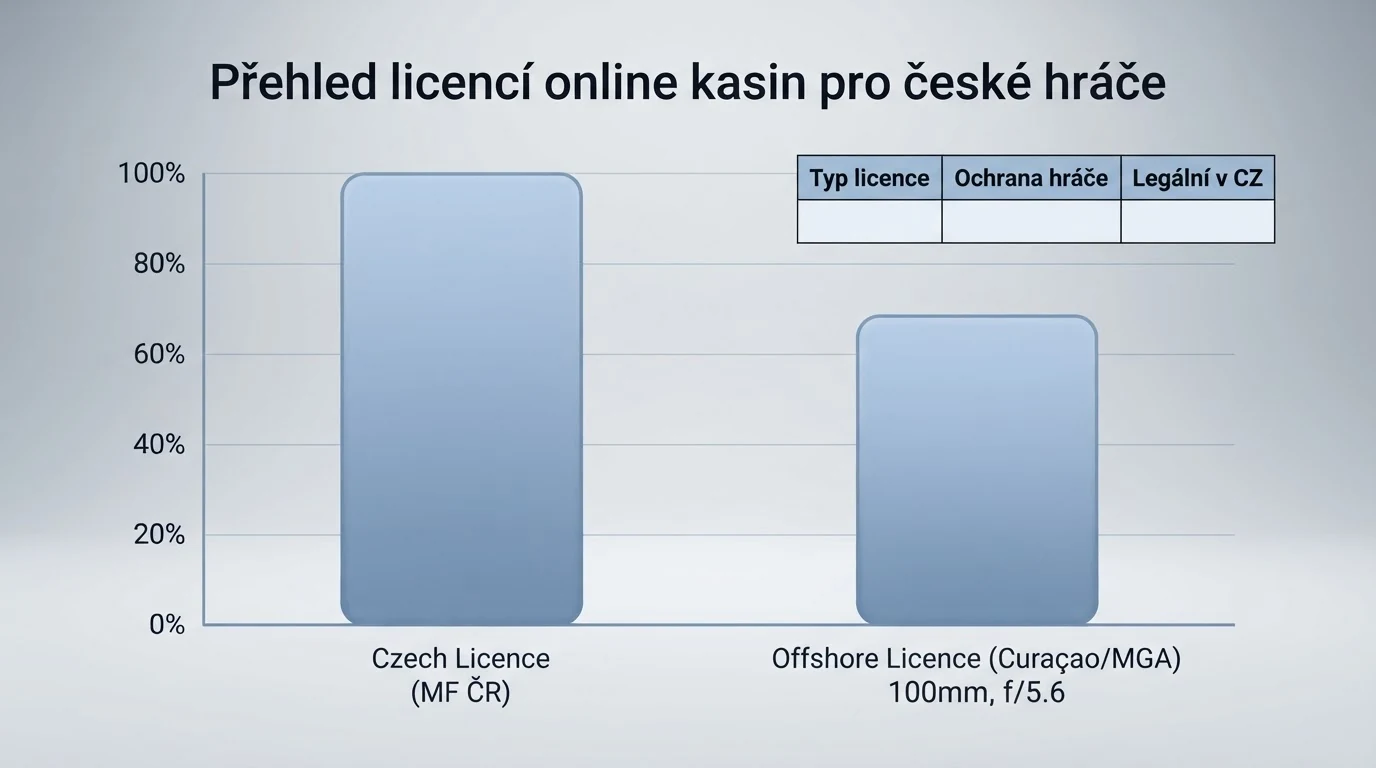 Srovnávací tabulka operátorů s vyznačenými sloupci pro licenci a minimální vklad, v pozadí vlajky ČR a Curaçao