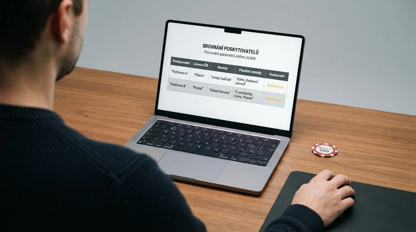 Srovnávací tabulka deseti online casin na monitoru — sloupce s názvem, licencí, typem bonusu a platebními metodami