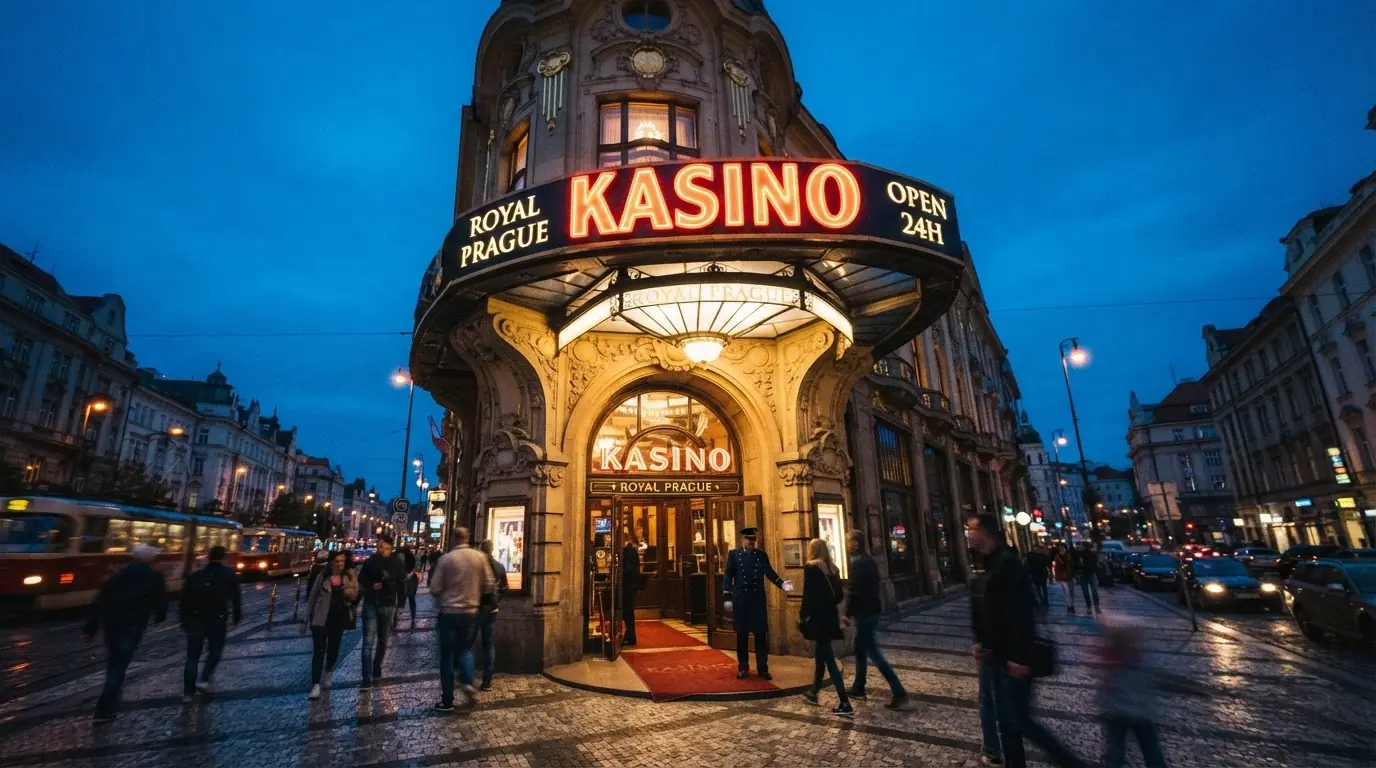Osvětlený vstup do kasina s nápisem kasino na Václavském náměstí