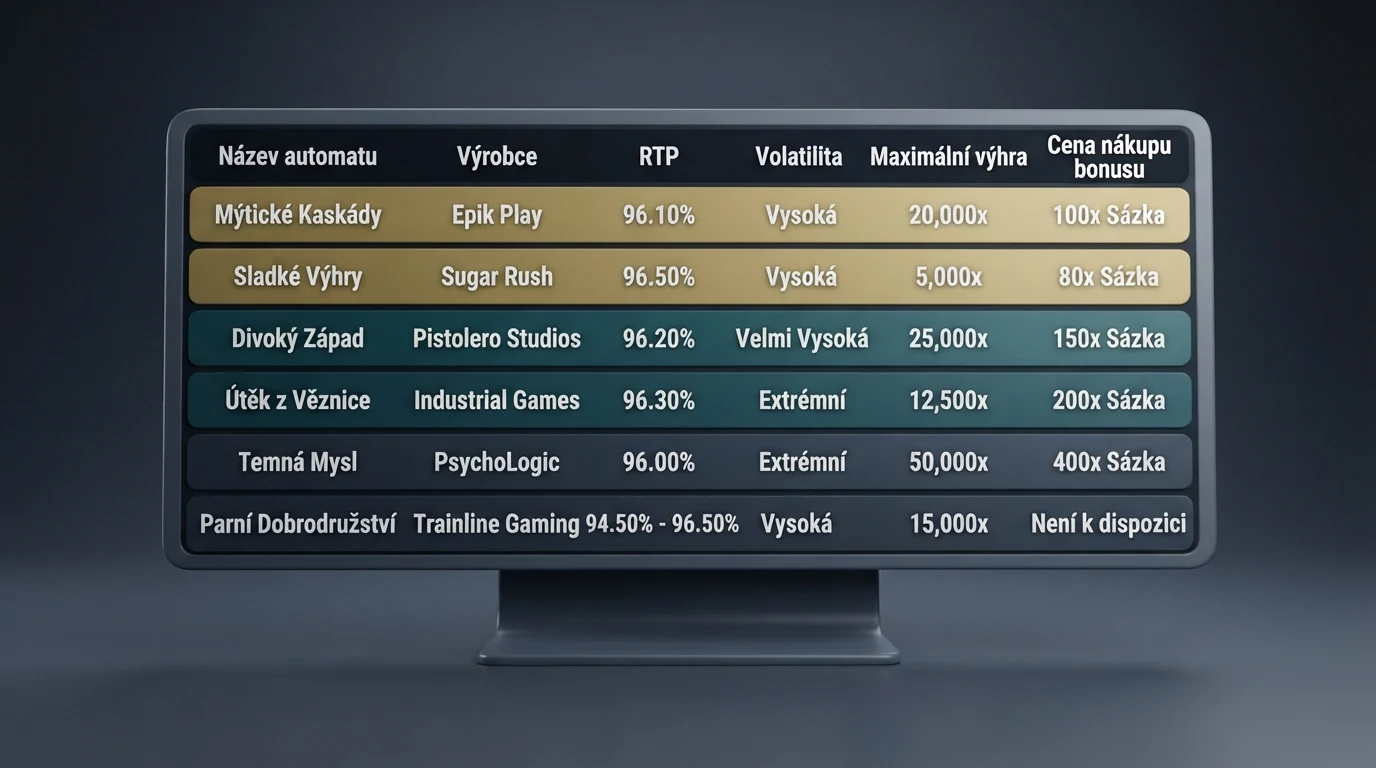 Porovnání šesti automatů s funkcí Bonus Buy — RTP, cena nákupu, volatilita a maximální výhra v jedné tabulce