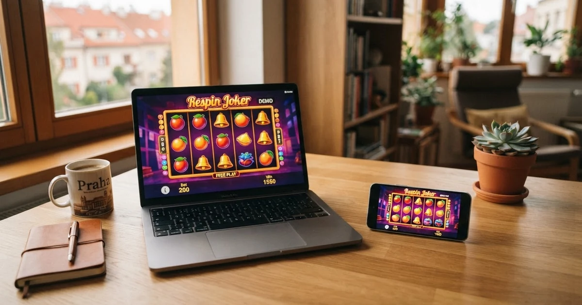 Prohlížeč s otevřeným demo automatem na monitoru notebooku vedle mobilního telefonu se stejnou hrou — ilustrace instant play napříč zařízeními