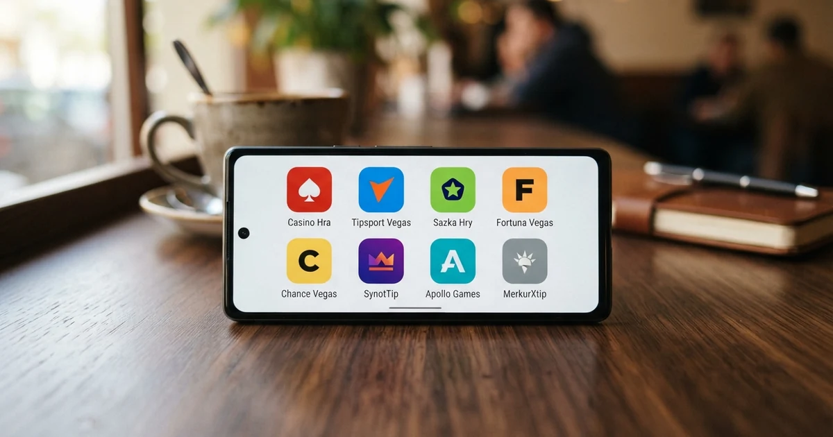 Displej mobilního telefonu se srovnáním deseti českých casino aplikací, jejich loga a hodnocení