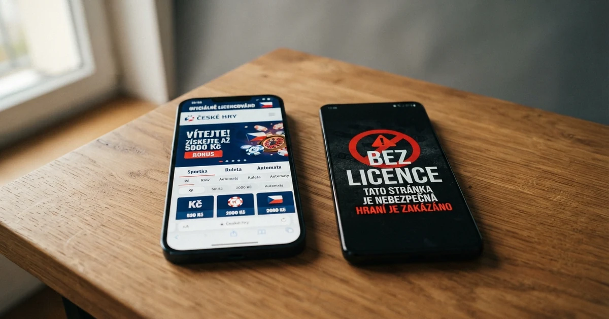 Dva chytré telefony vedle sebe: na levém obrazovka s českým licenčním certifikátem a logem MF ČR, na pravém varovný symbol s nápisem „bez licence“