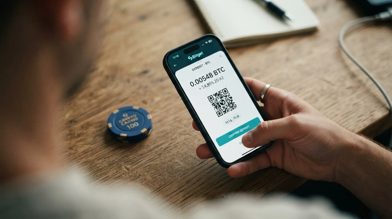 Telefon s bitcoinovou peněženkou a adresou pro vklad do kasina