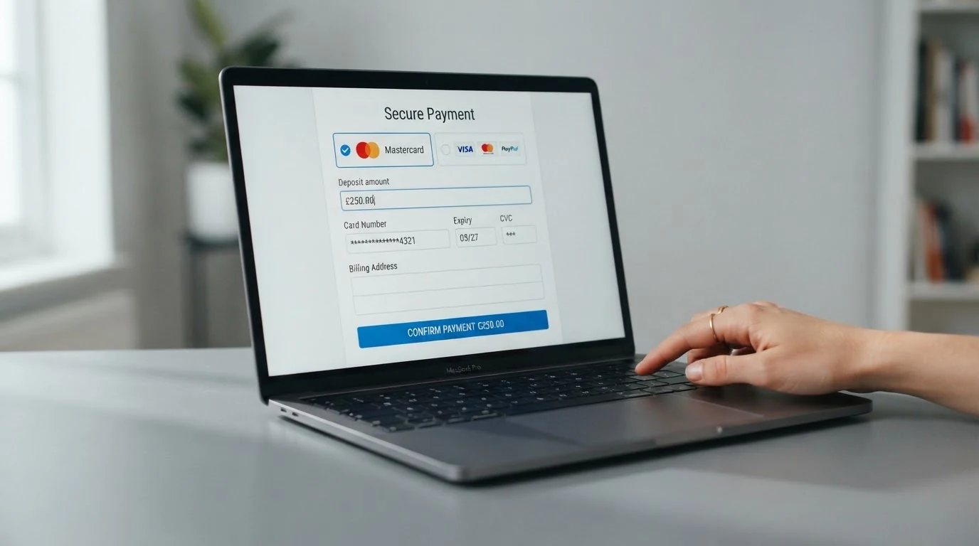 Platební brána online casina s vybranou platební metodou Mastercard a vyplněnými poli pro částku