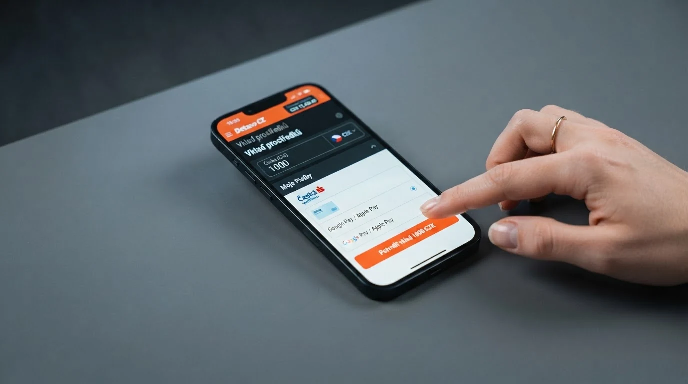 Postup vkladu v mobilním kasinu: výběr peněženky, zadání částky a potvrzení.