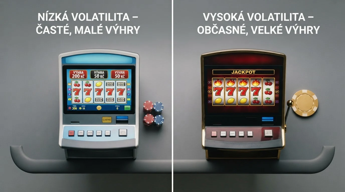 Dva automaty vedle sebe — jeden s nízkou volatilitou vyplácející časté menší výhry druhý s vysokou volatilitou s řídkými velkými výhrami