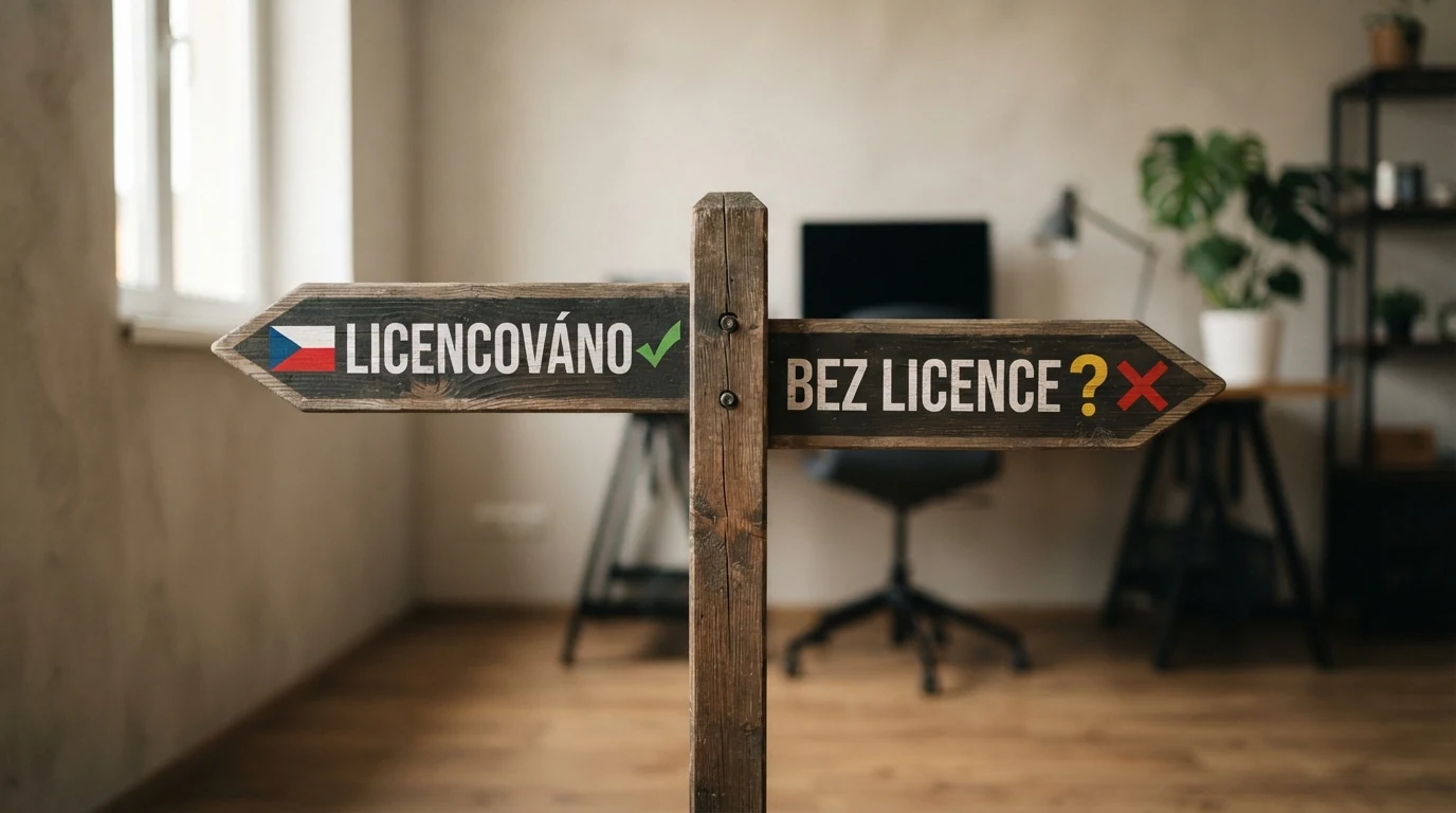 Rozcestník s českou vlajkou na jedné a otazníkem na druhé straně — kontrast mezi licencovaným a nelicencovaným prostředím.