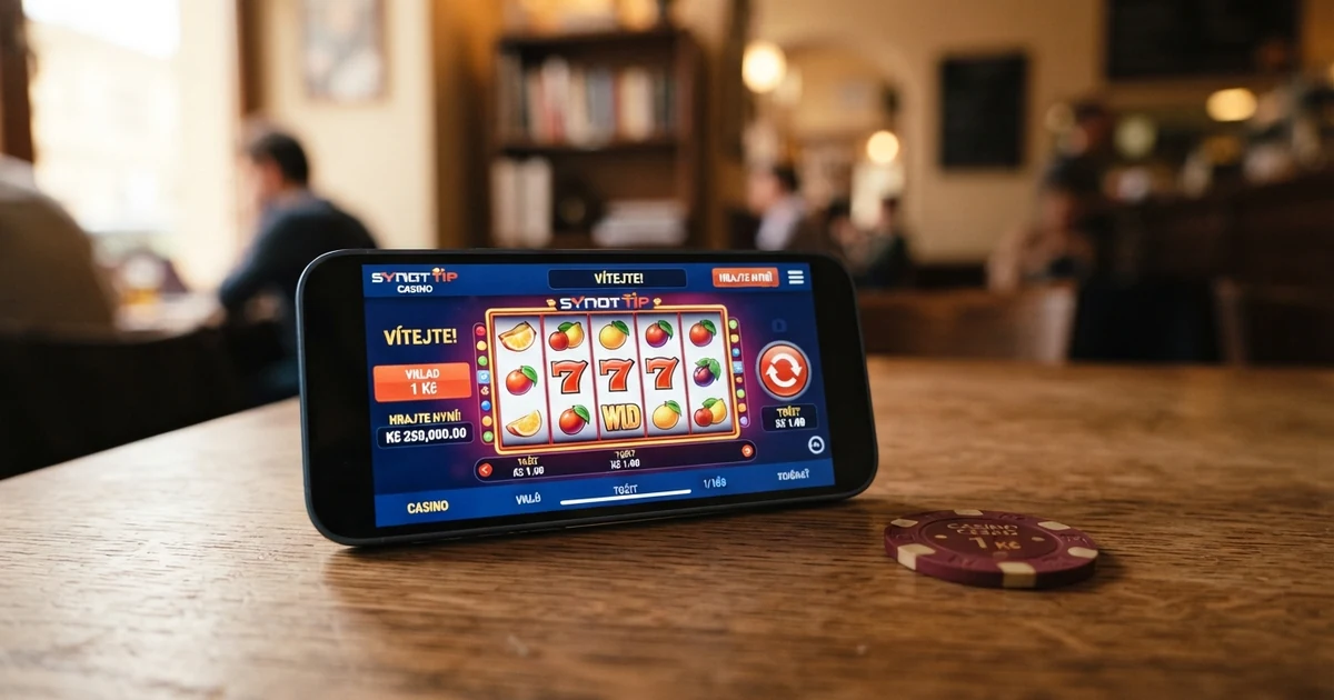 Mobilní telefon zobrazující online casino s tlačítkem vkladu a částkou 1 euro, vedle něj česká korunová mince