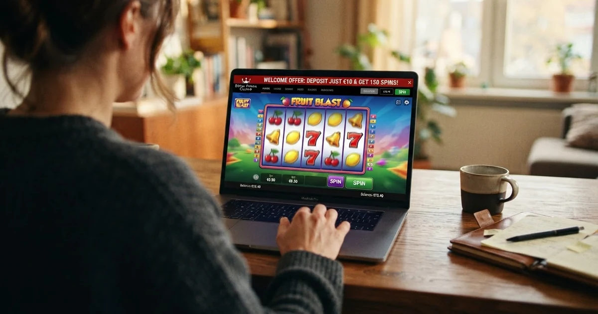 Rozhraní online casina na obrazovce notebooku s viditelnou částkou minimálního vkladu 10 eur a tlačítkem registrace
