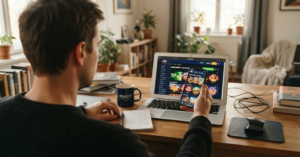 Hráč u notebooku s mobilem v ruce, na obrazovce viditelná stránka online casina s nabídkou vkladu, české rozhraní