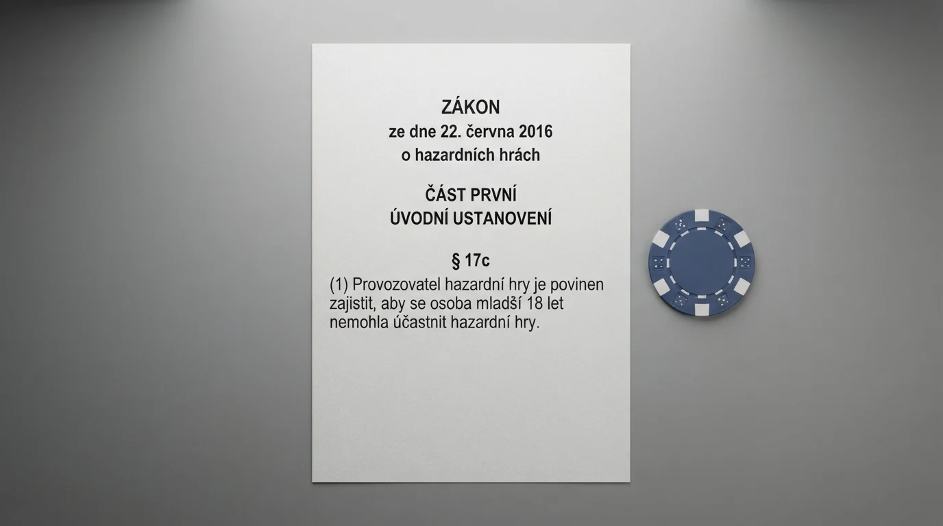 Úřední dokument s razítkem Ministerstva financí ČR a paragrafem zákona o hazardních hrách, vedle kterého leží občanský průkaz.