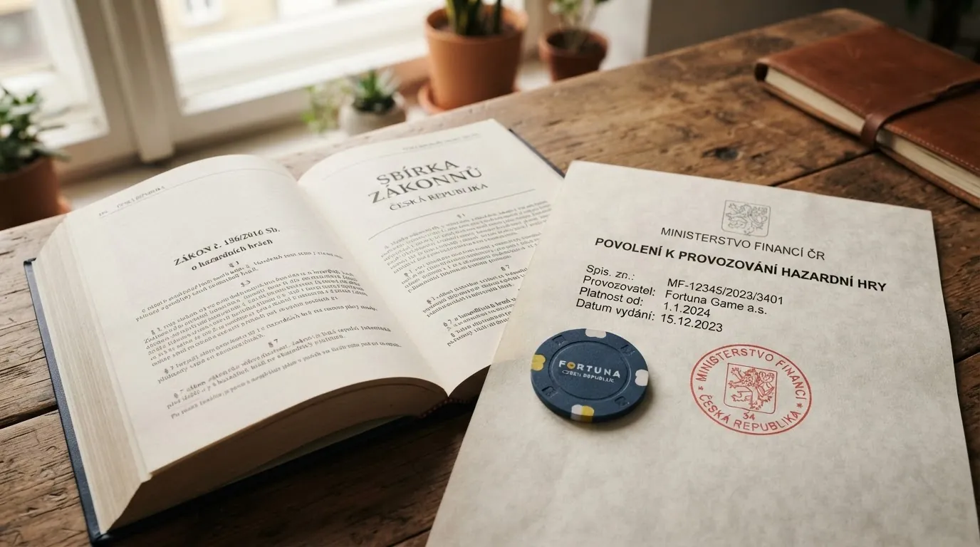 Otevřený zákoník a licenční listina s razítkem vedle hracích žetonů