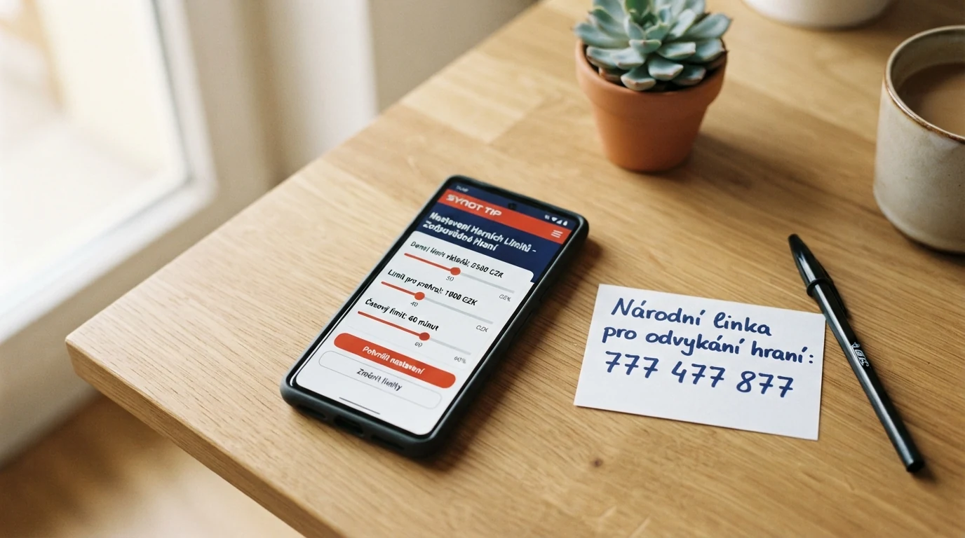 Telefon s otevřenou stránkou nastavení herních limitů v českém online casinu — na displeji jsou vidět posuvníky pro denní limit vkladu, limit ztráty a časový limit, vedle leží papírek s číslem Národní linky pro odvykání hraní 777 477 877.